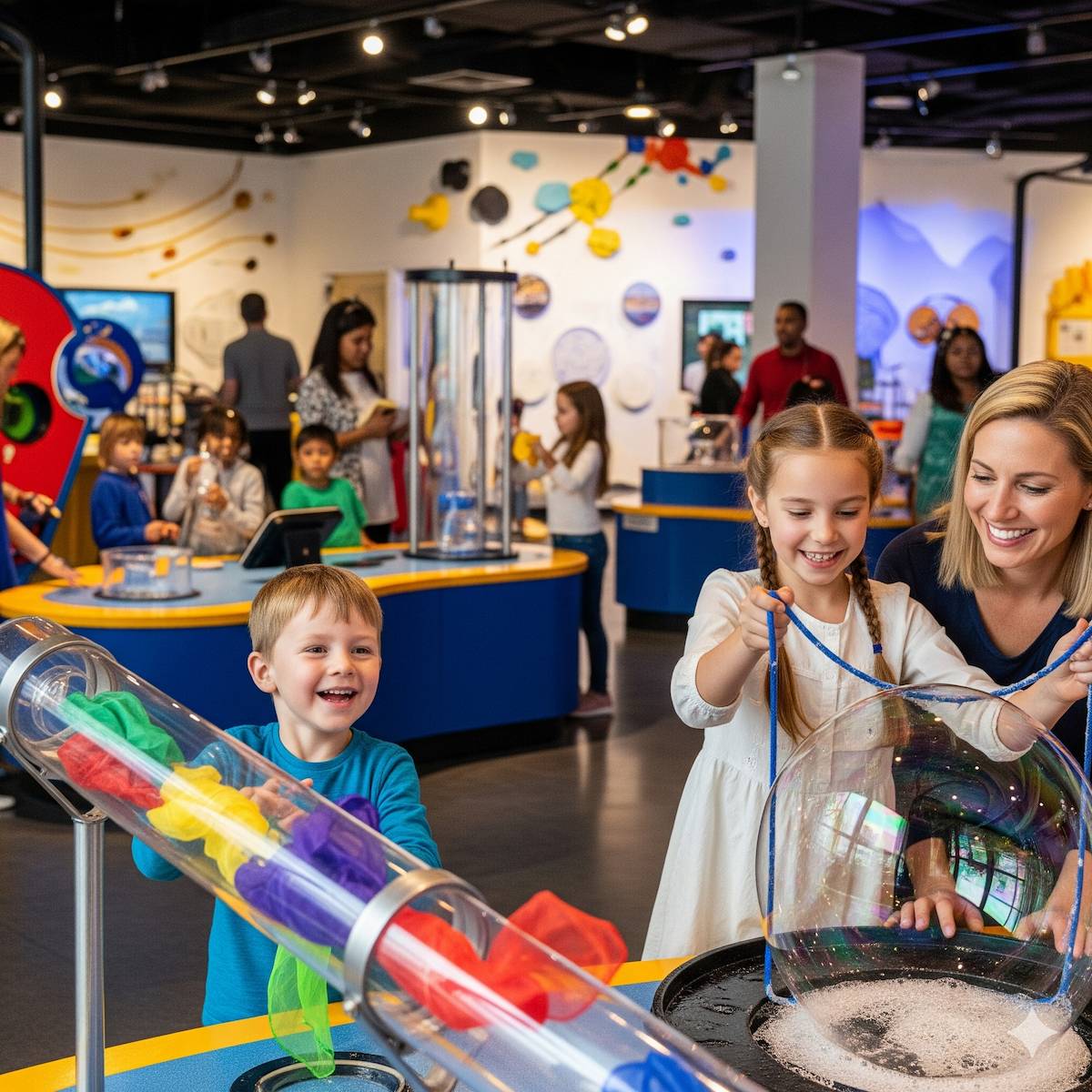 Hero image with a mother and her children playing at a museum